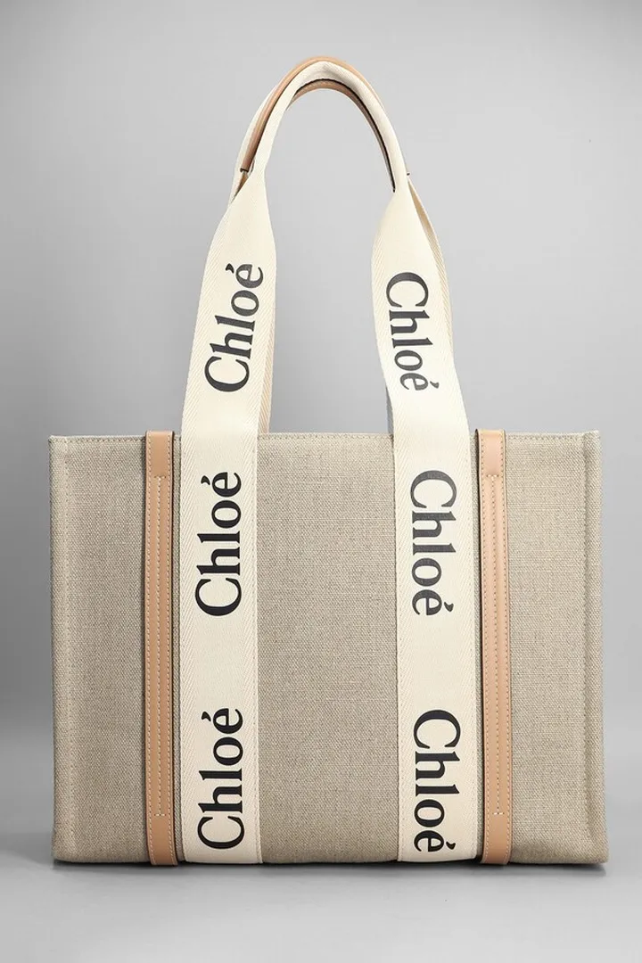 Woody Medium Tote In Beige Canvas