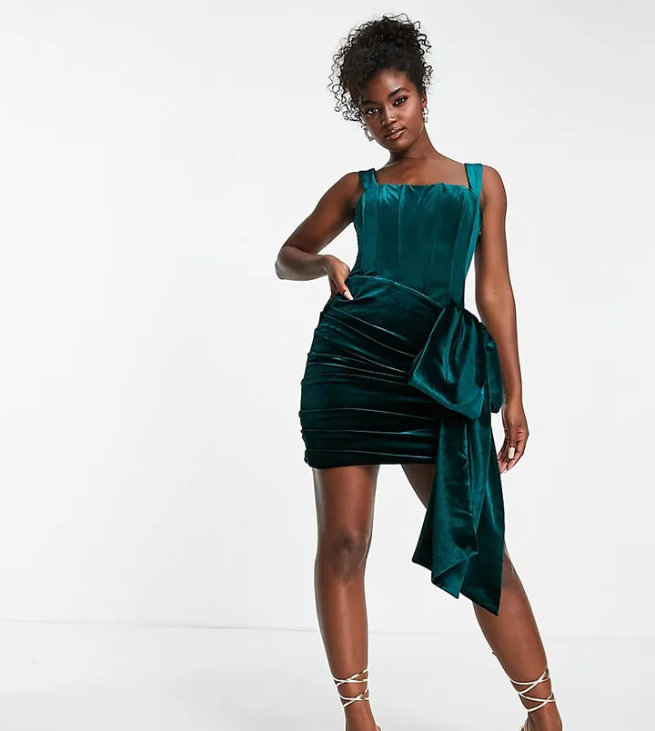 Ever New velvet corseted drape bow mini dress in emerald green