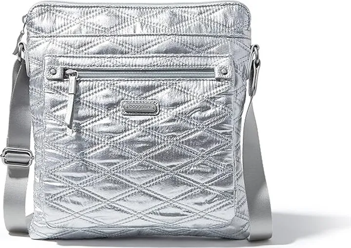 Baggallini Go Bagg with RFID Phone Wristlet (Silver Metallic Quilt) Cross Body Handbags