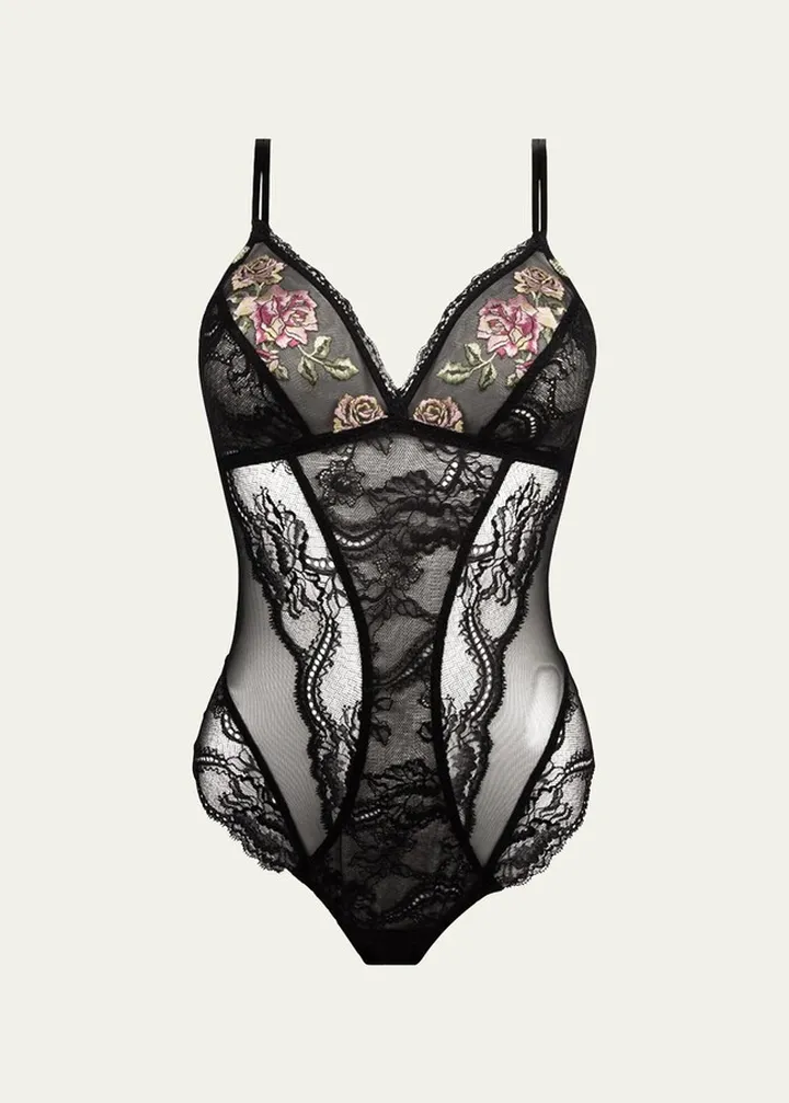 Wireless Floral-Embroidered Lace Bodysuit
