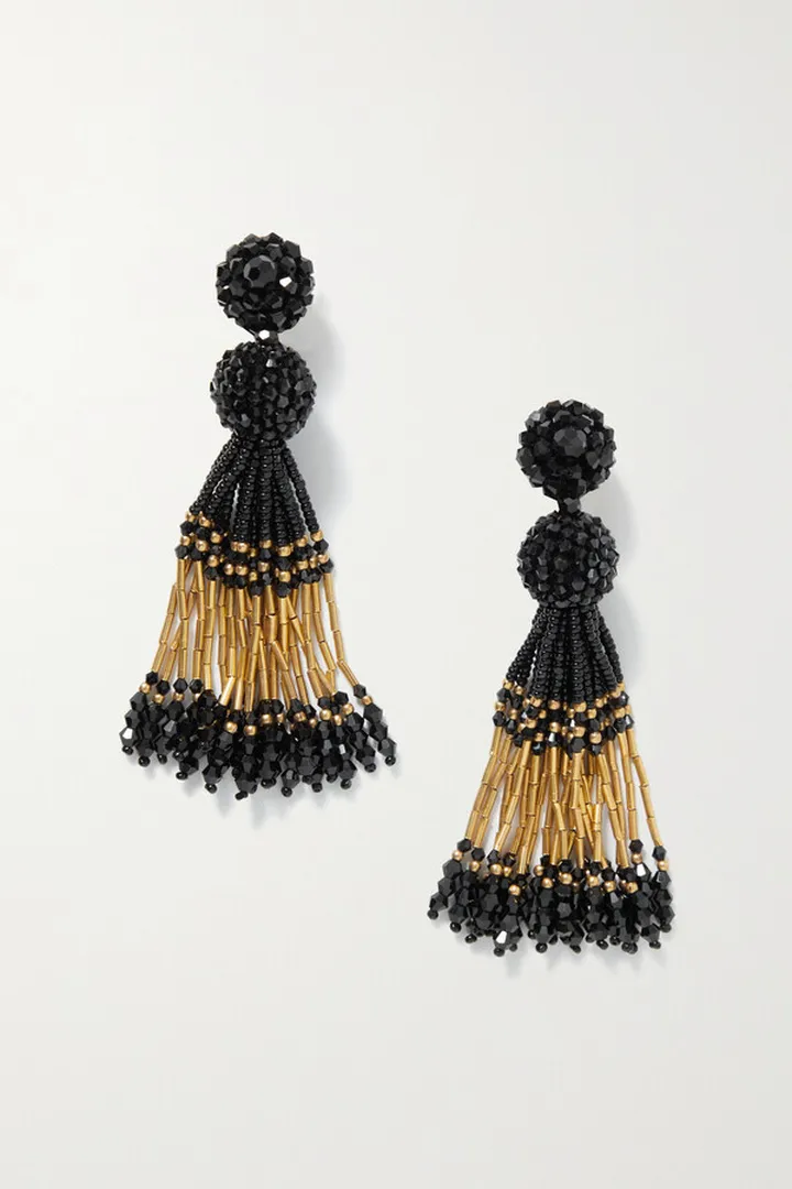 Oscar de la Renta - Gold-tone Beaded Clip Earrings - Black