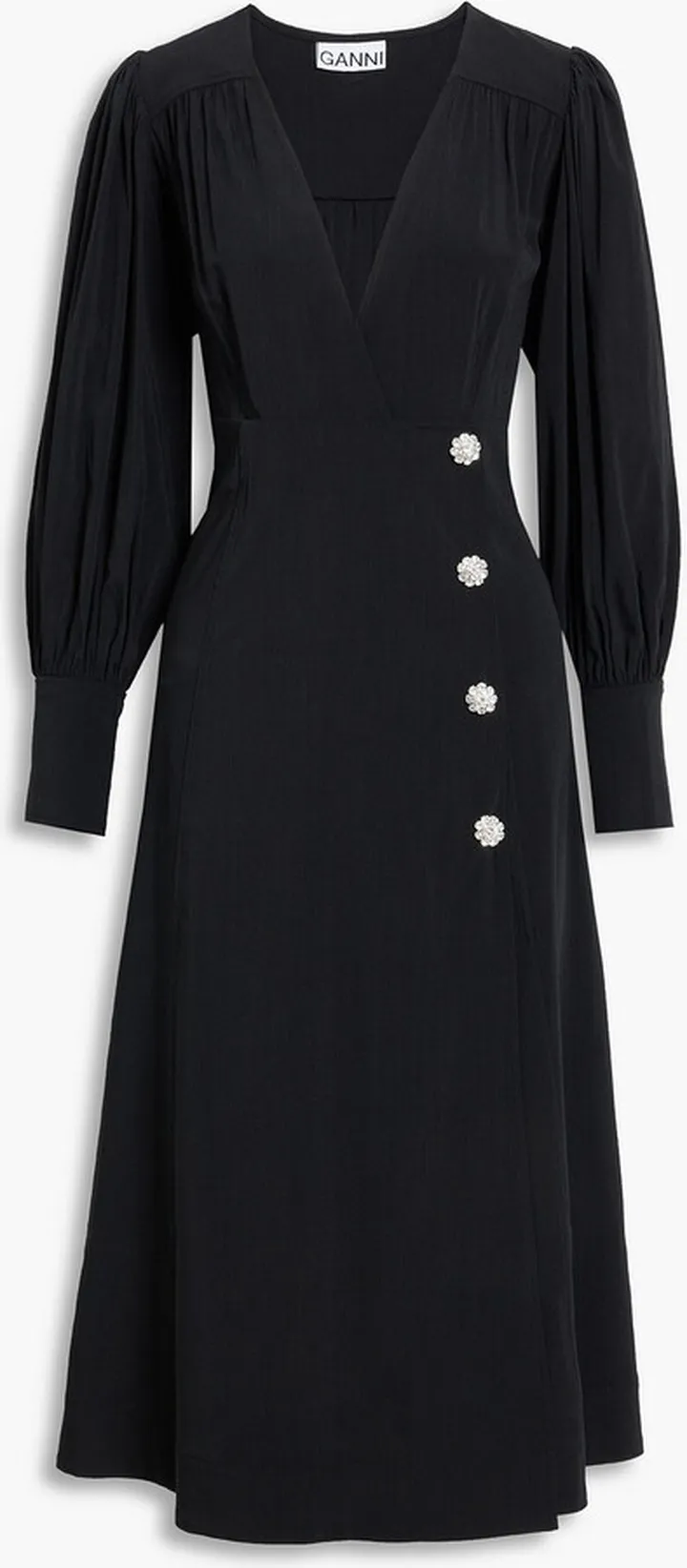 Crystal-embellished gathered crepe midi wrap dress