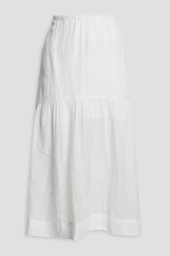 Gathered broderie anglaise ramie midi skirt