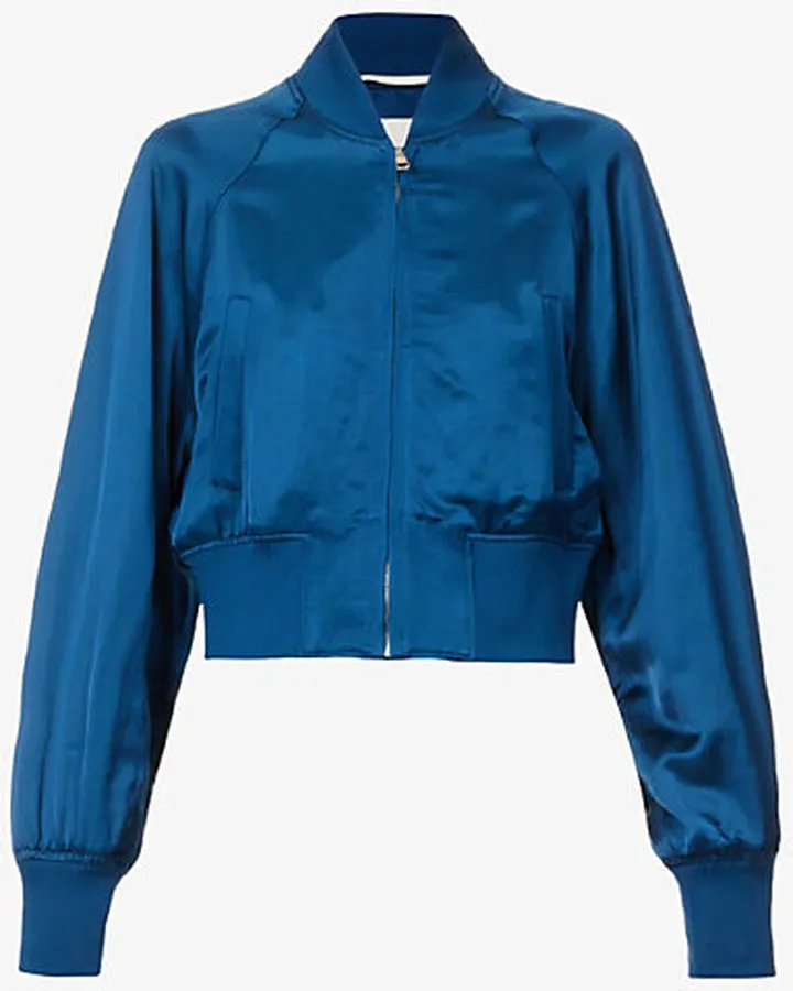 Womens Blue Balloon-sleeved Cropped Satin Bomber Jacket