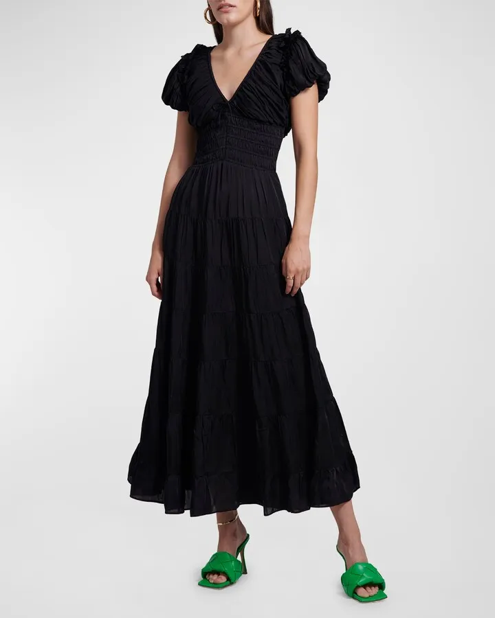 Caroline Smocked Puff-Sleeve Midi Dress
