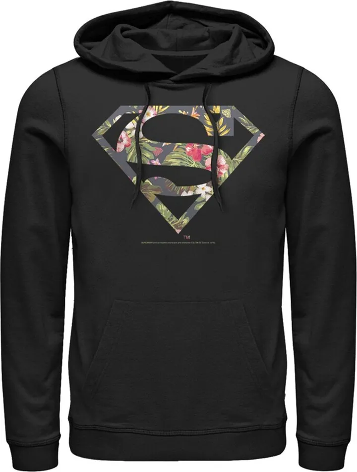 Men's Superman Floral Shield Logo Pull Over Hoodie - Black - X Large