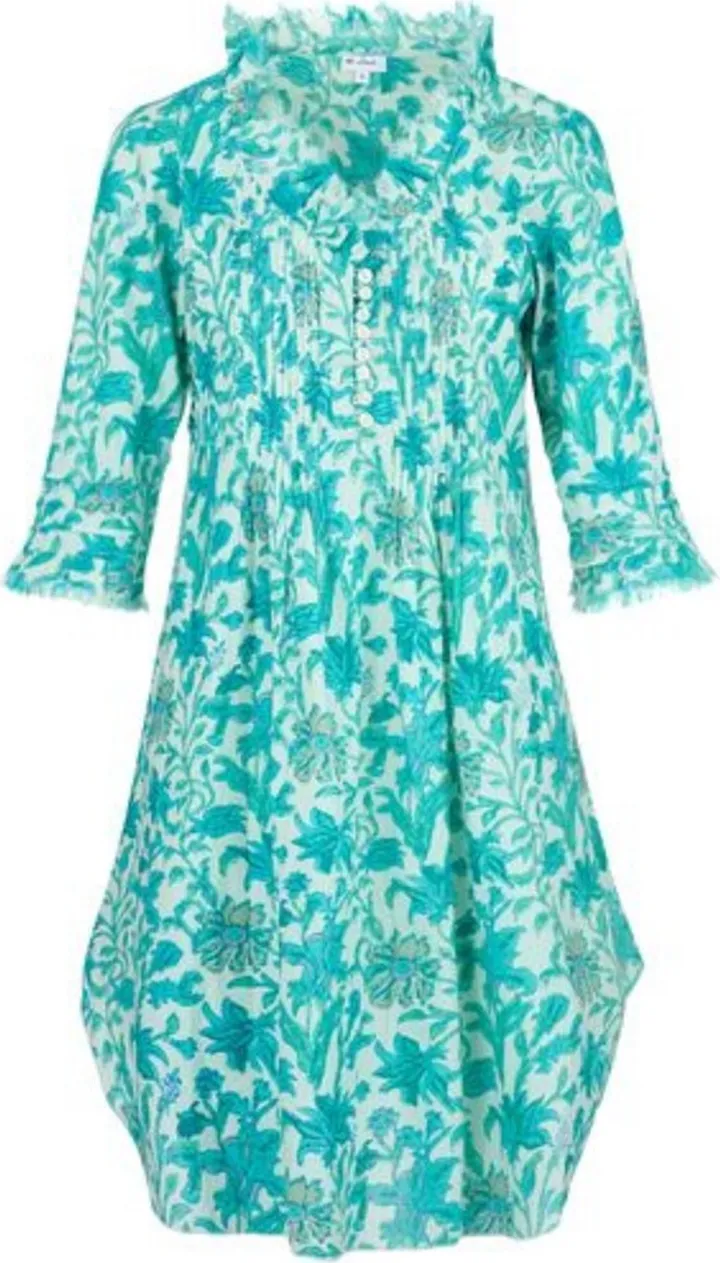 At Last... - Annabel Cotton Tunic In White With Turquoise Flower