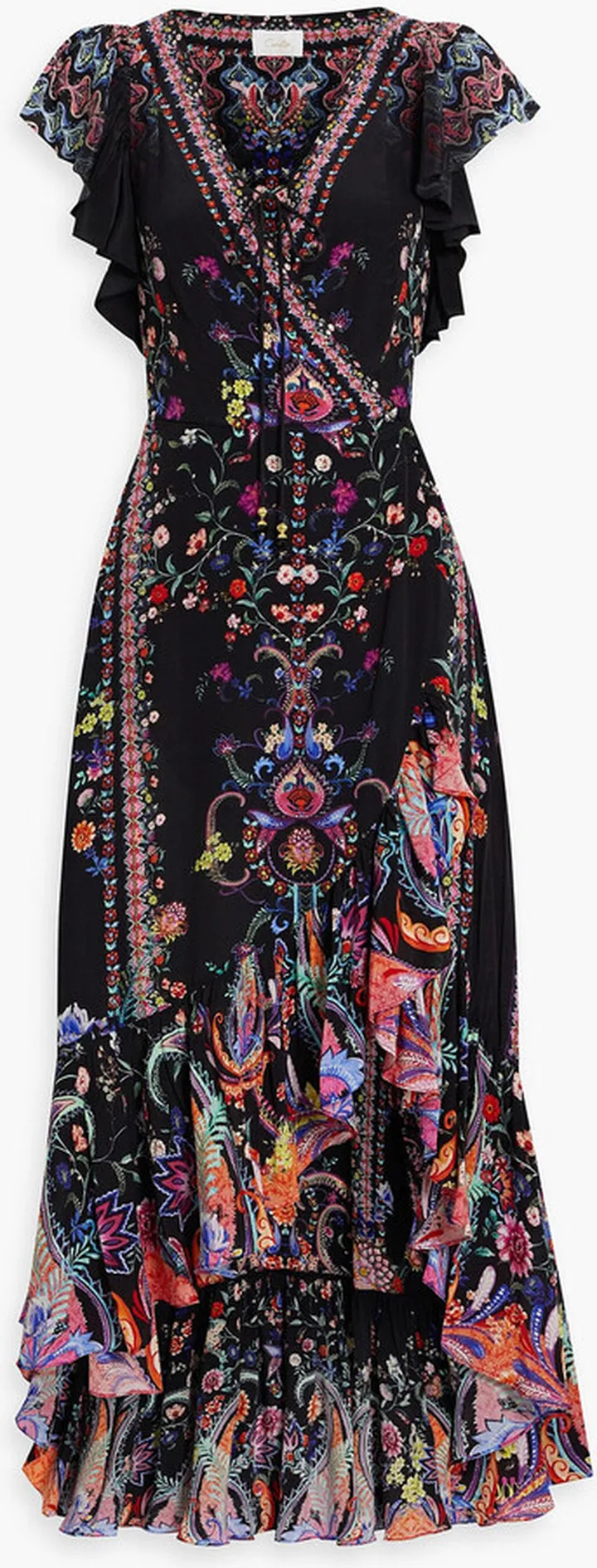 Embellished printed silk crepe de chine maxi wrap dress