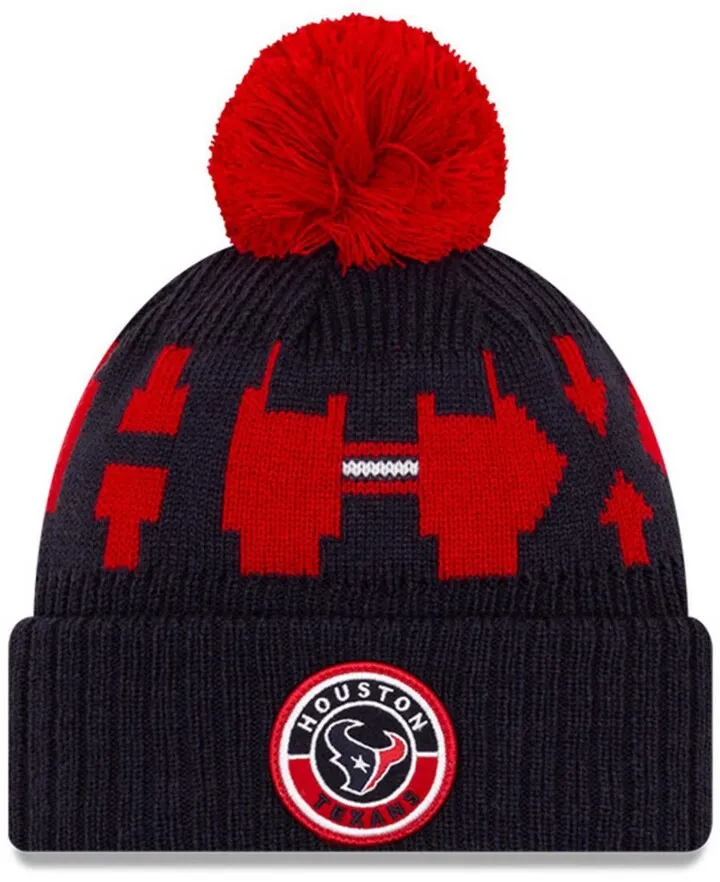 New Era Youth Houston Texans 2020 Sideline Sport Pom Cuffed Knit Hat