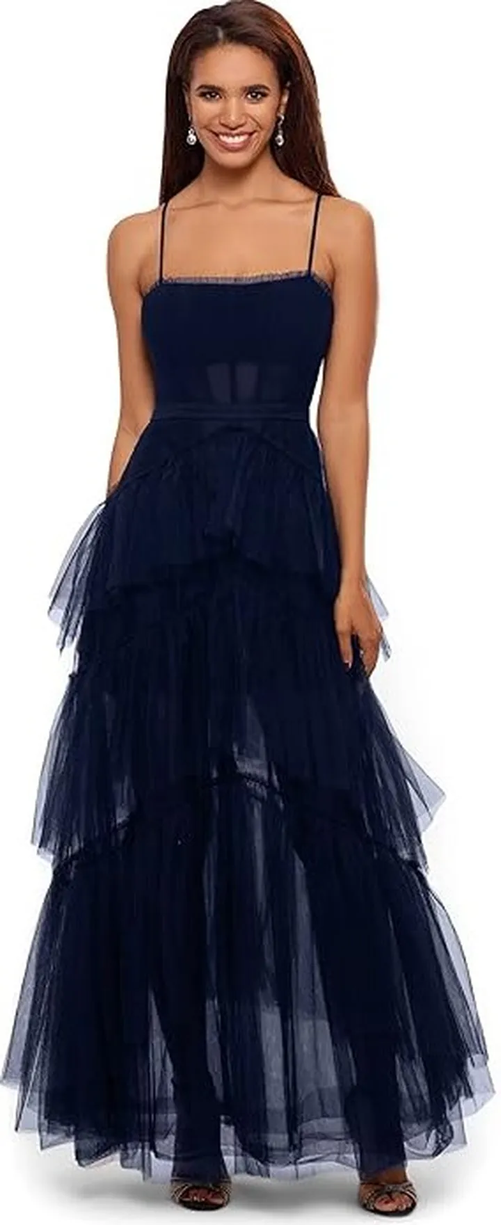 Betsy & Adam Long Corset Tiered Mesh Illusion Gown (Navy) Women's Dress