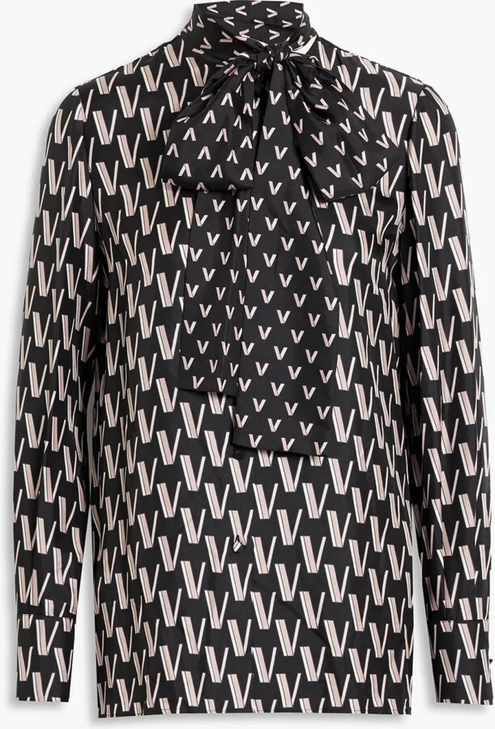 Pussy-bow printed silk-twill blouse