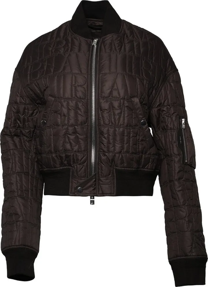 Logo Quilted Puffer Bomber Jacket Brown