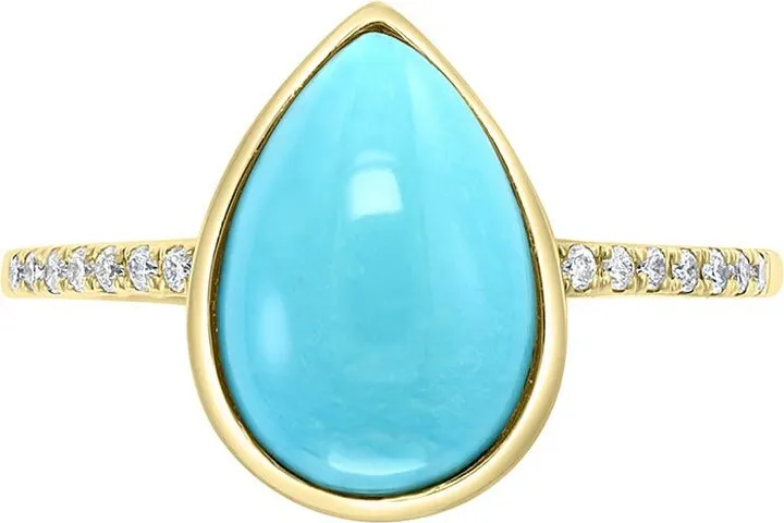 14K Yellow Gold Diamond & Turquoise Cabochon Ring - 0.07ct.