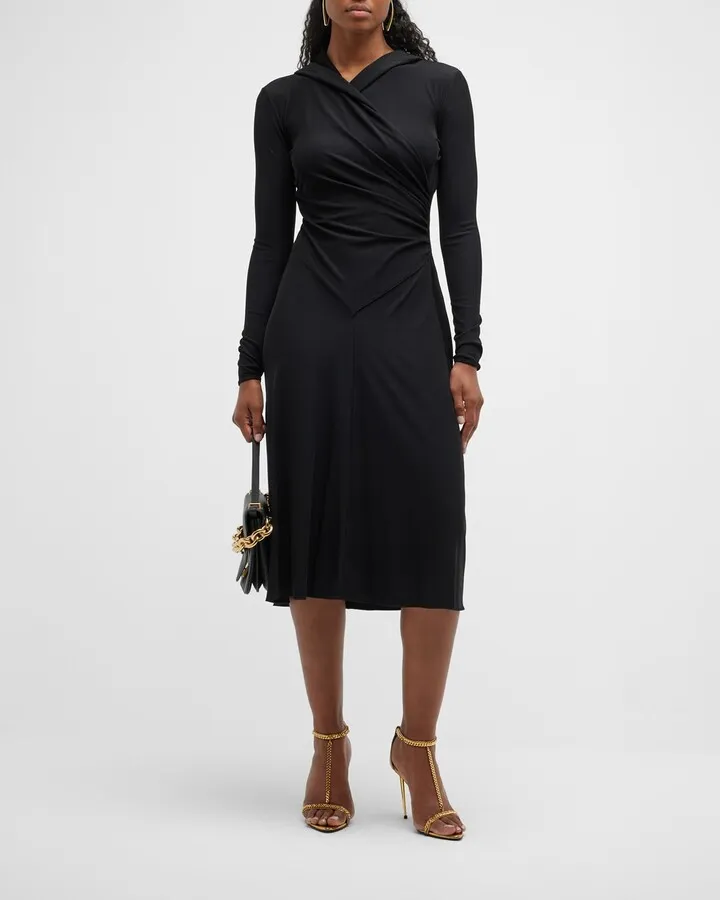 Long-Sleeve Hooded Wrap Midi Dress