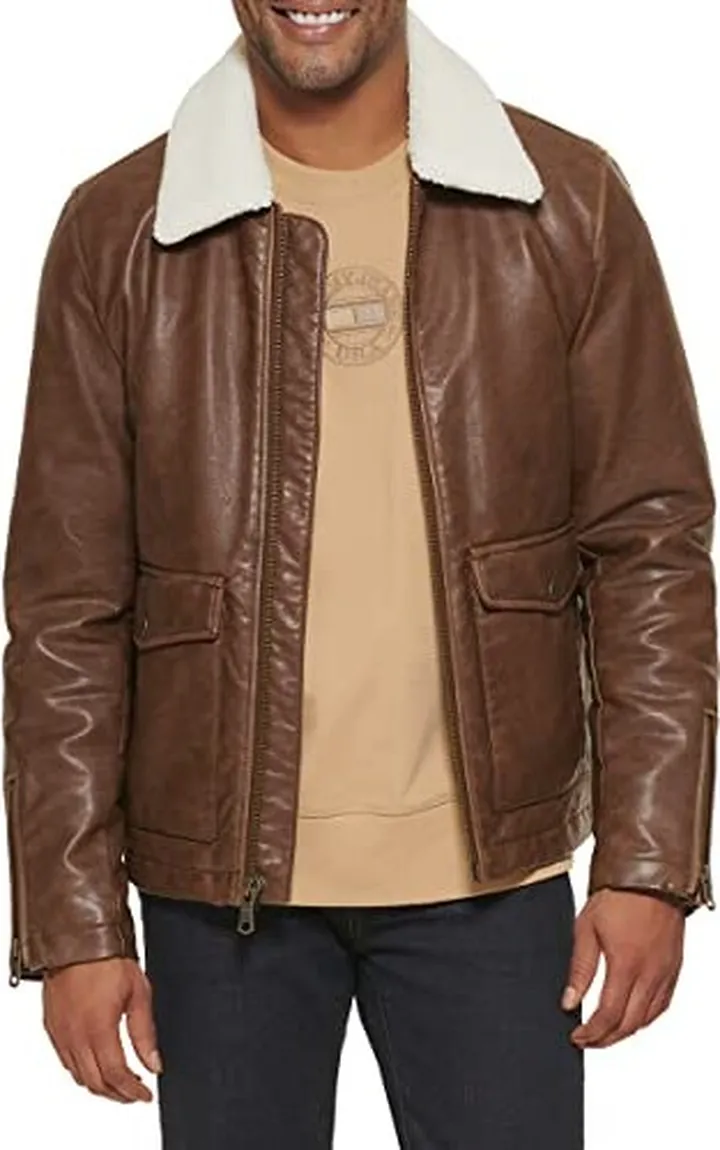 Tommy Hilfiger Men's Faux Leather Moto with Sherpa Collar