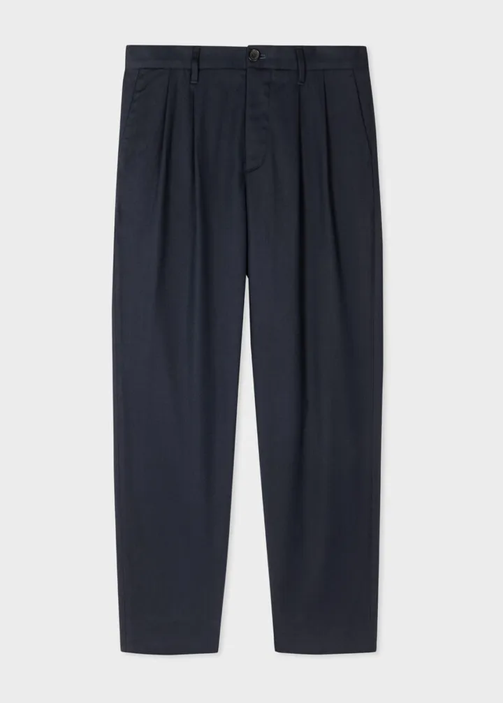 Navy Tapered Pleat-Front Cotton-Lyocell Pants