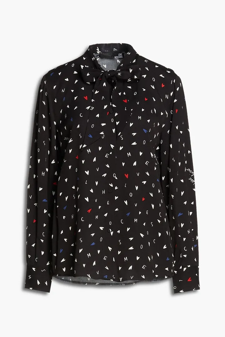 Pussy-bow printed twill blouse