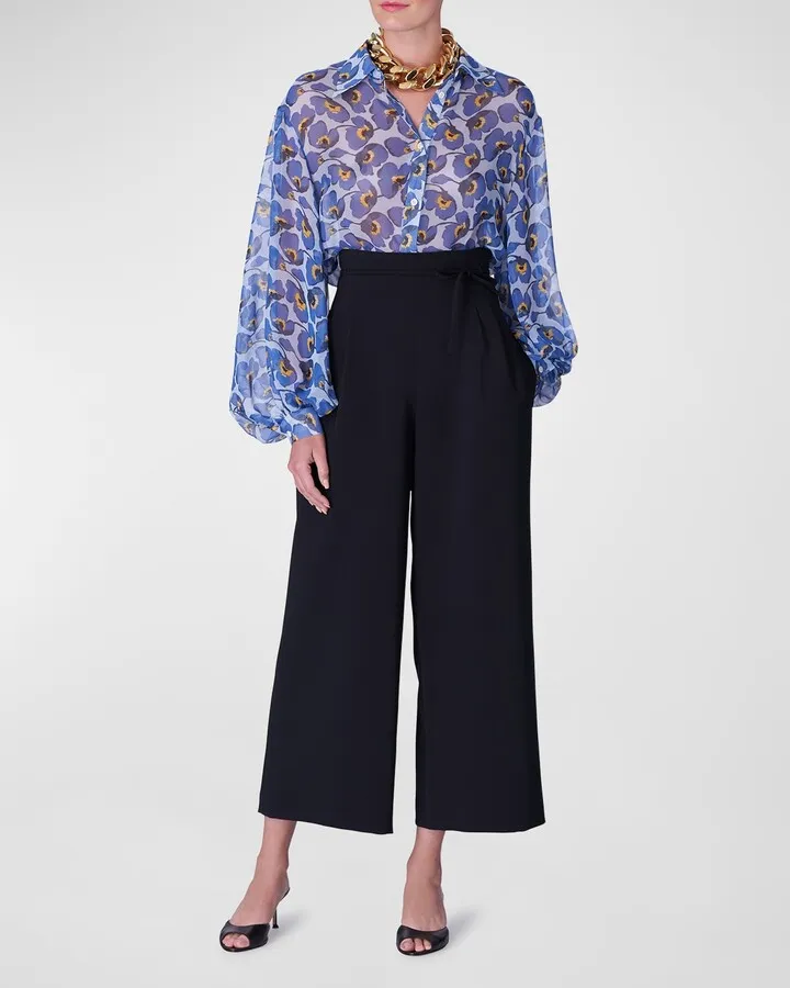 floral-Print Balloon-Sleeve Chiffon Blouse