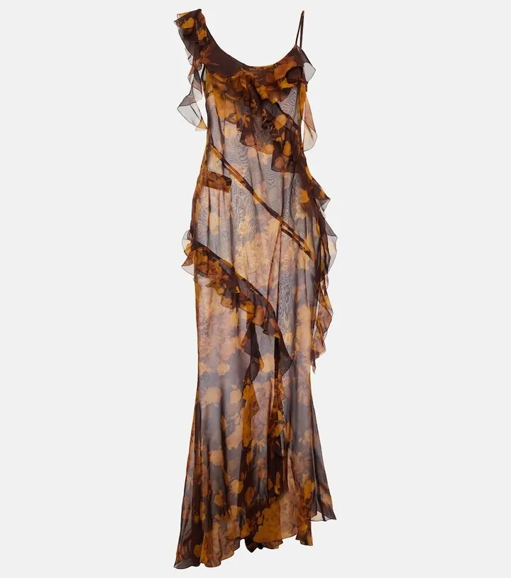 Ruffled floral silk georgette gown
