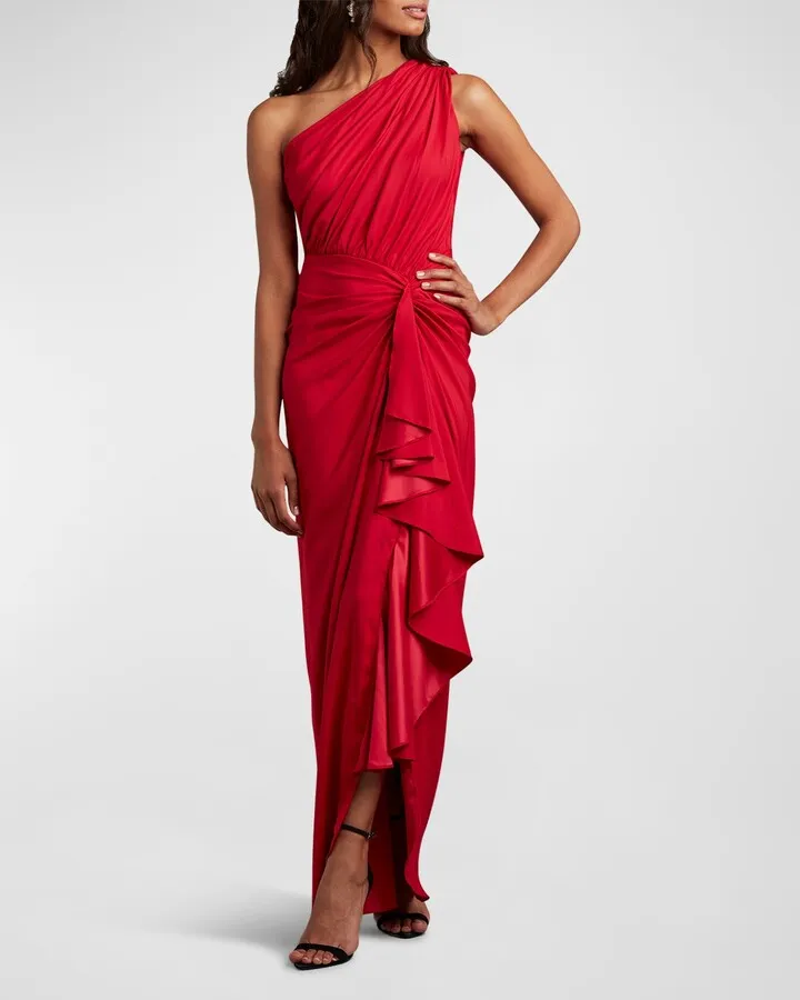 One-Shoulder Shirred Ruffle Gown