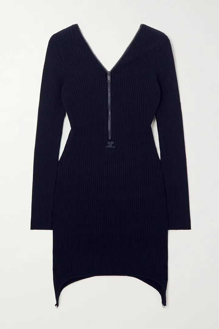 COURREGES - Zip-detailed Ribbed-knit Mini Dress - Blue