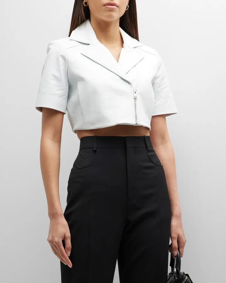 Naeva Leather Cropped Short-Sleeve Jacket