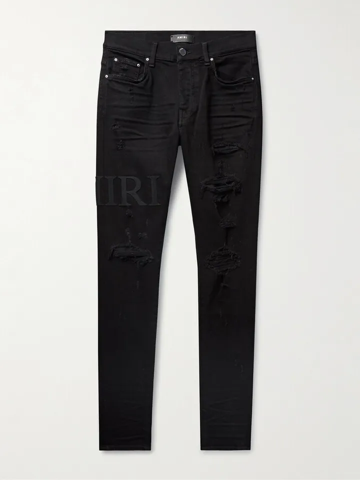 Skinny-Fit Logo-Appliquéd Distressed Jeans