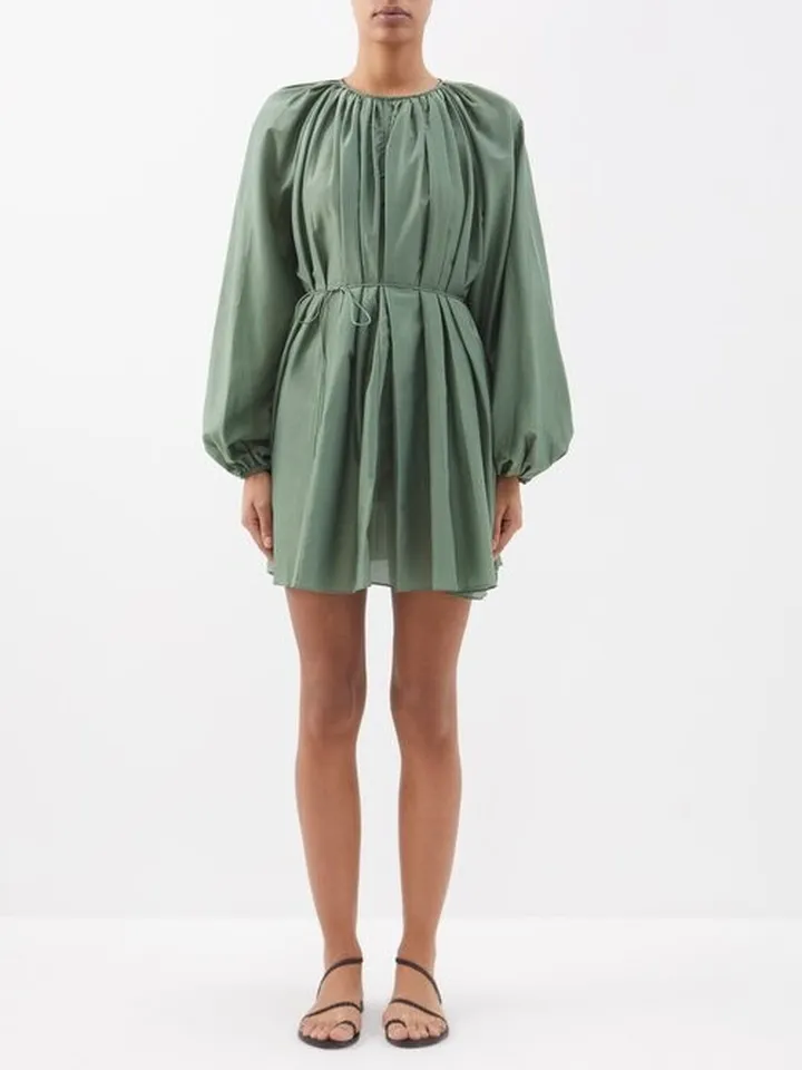 Balloon-sleeve Cotton-blend Mini Dress