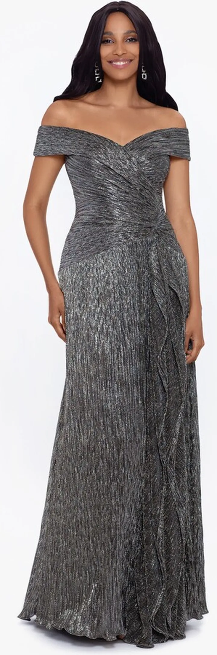 Off The Shoulder Metallic Pleaded Gown