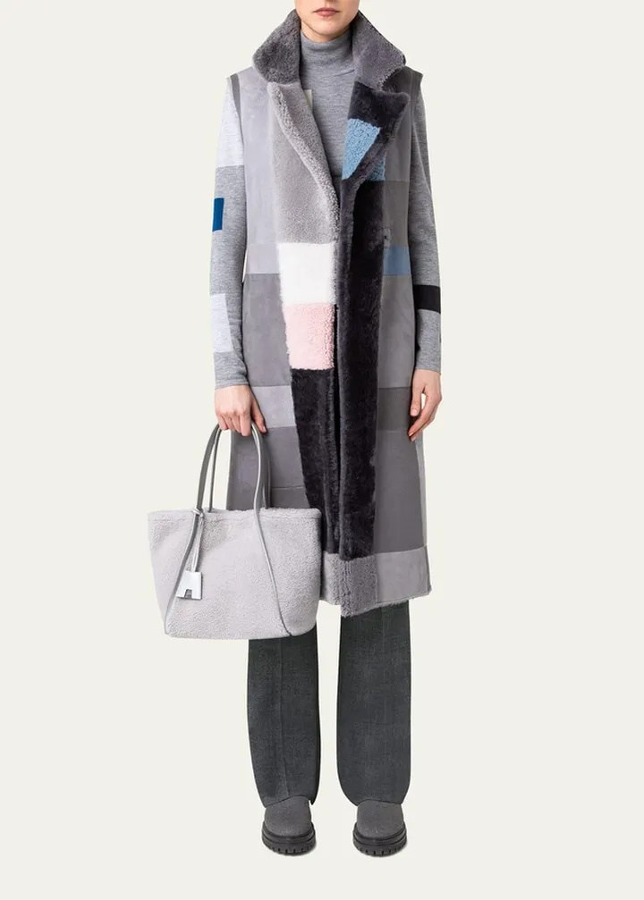 Patchwork-Lapel Long Lamb Shearling Gilet