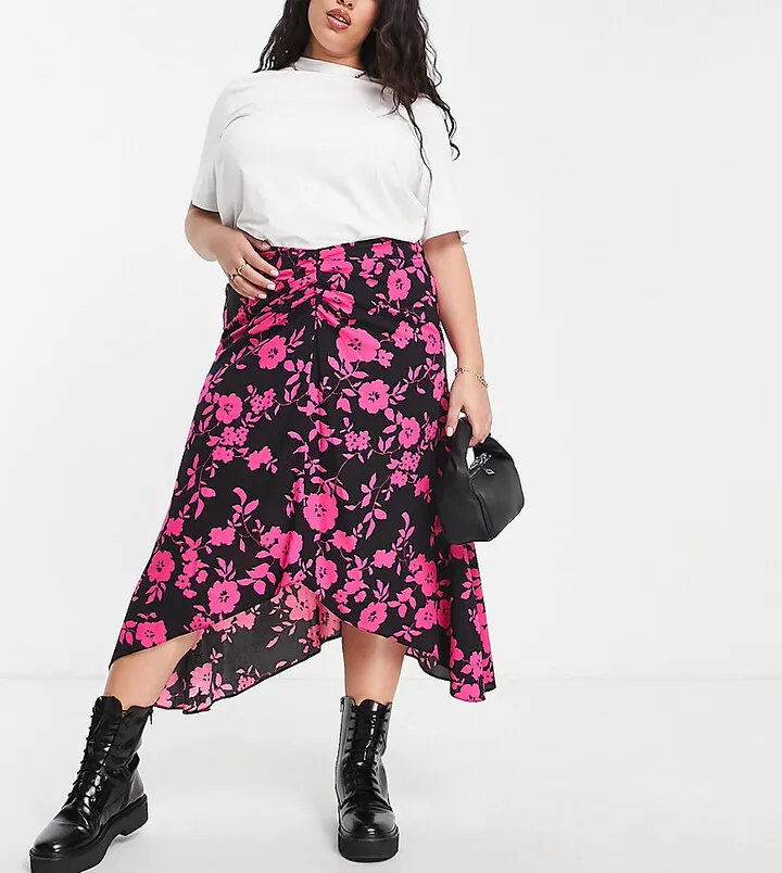 ASOS DESIGN Curve ruched midi skirt in pink floral print