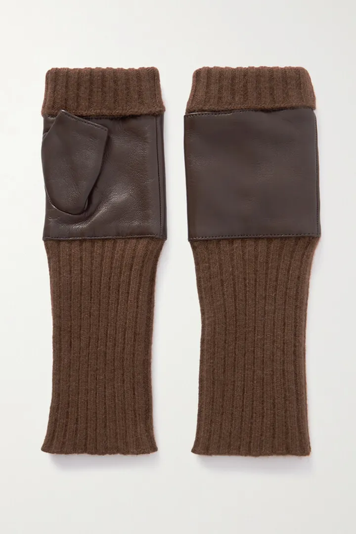 Portolano - Leather-trimmed Ribbed Cashmere Fingerless Gloves - Brown
