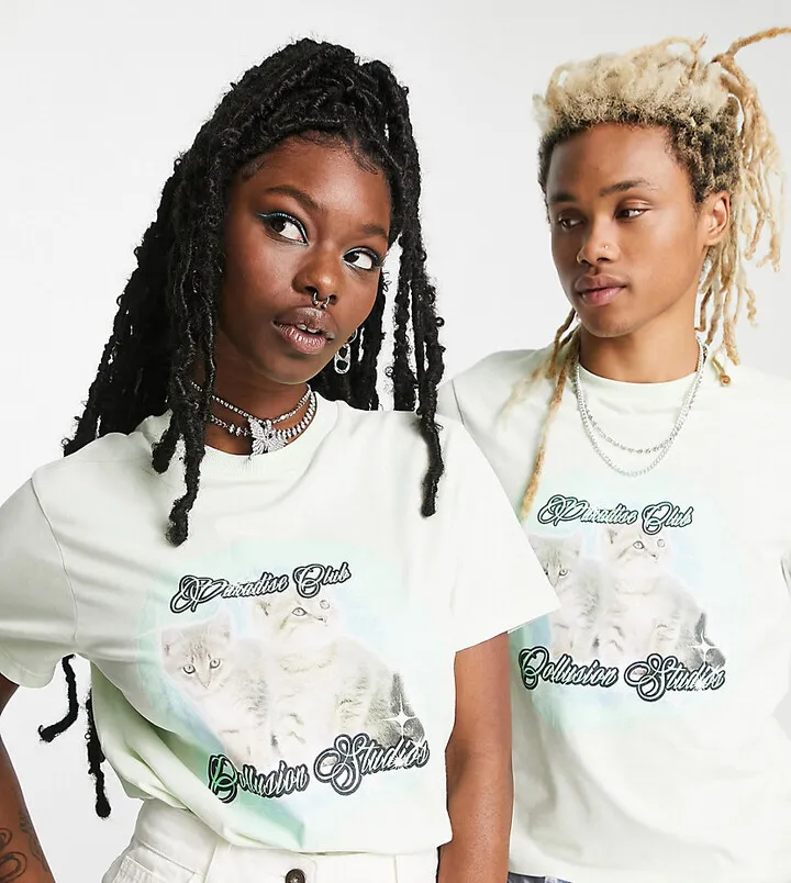 COLLUSION Shrunken vintage fit T-shirt with kittens print in light green acid wash