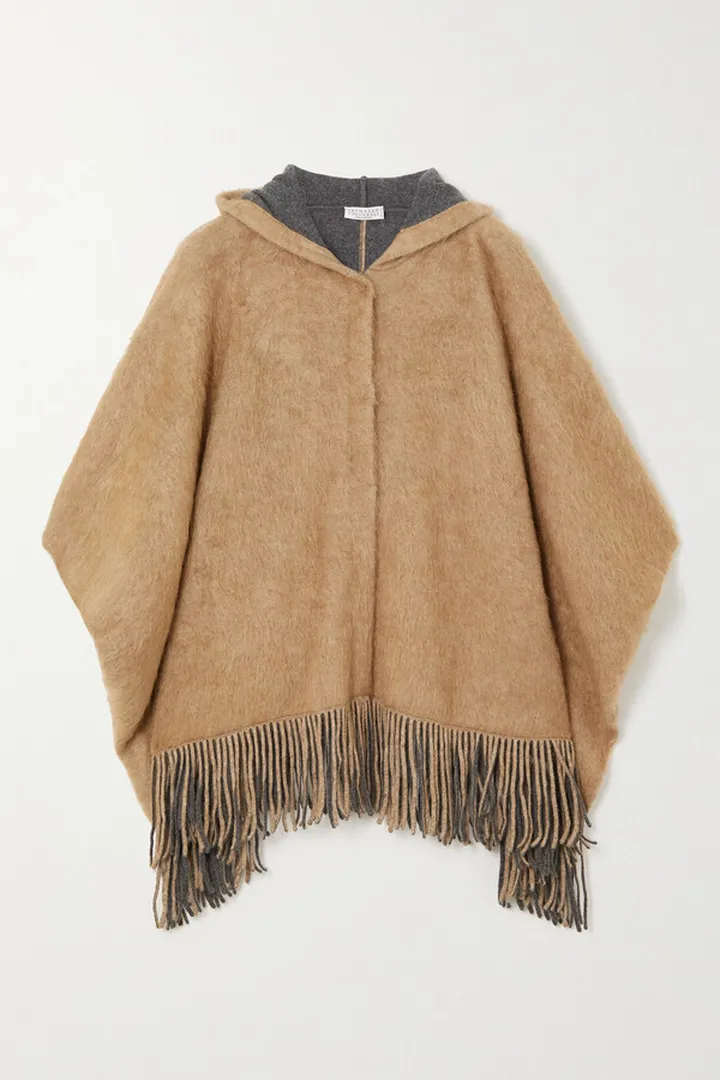 Brunello Cucinelli - Hooded Fringed Knitted Poncho - Brown
