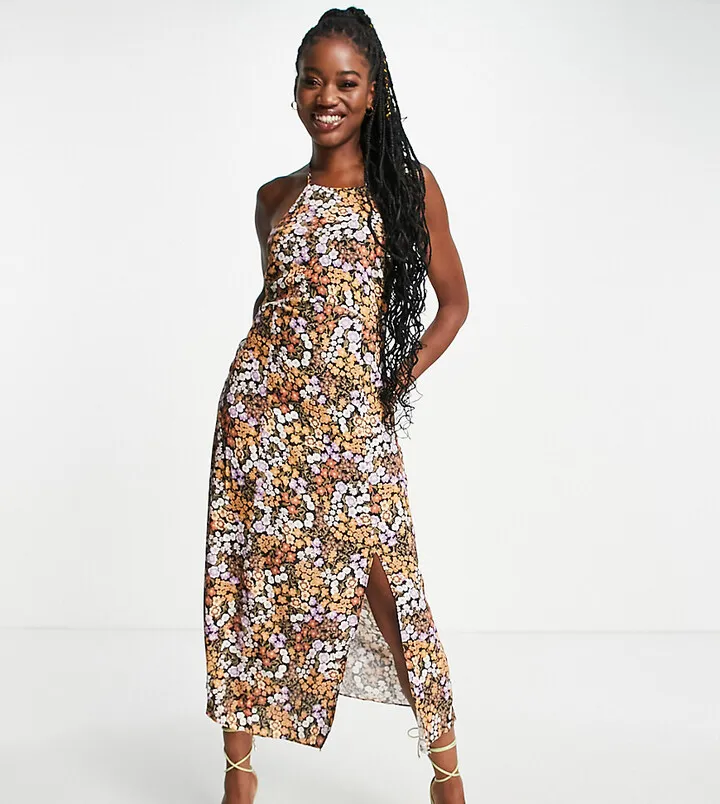 Ever New halter neck midi dress in lilac brown floral