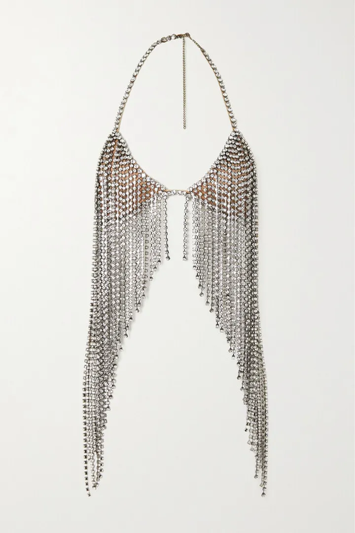 Stella McCartney - Fringed Crystal-embellished Satin Halterneck Bra Top - Silver