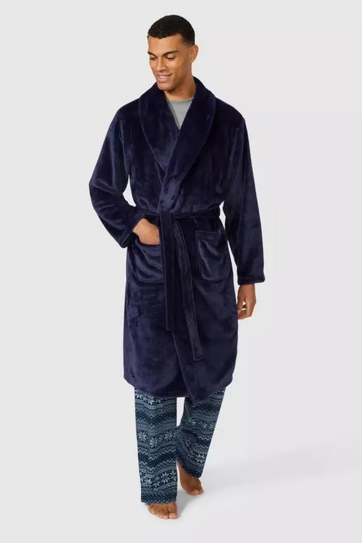 Debenhams Mens Coral Fleece Shawl Collar Bathrobe - Navy