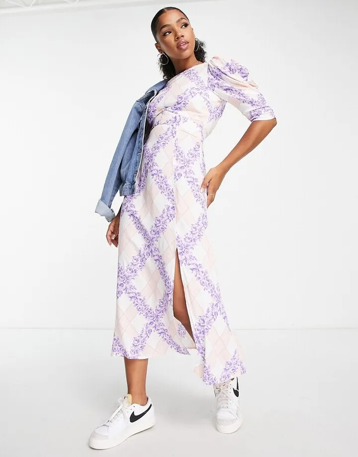 Miss Selfridge puff sleeve midi tea dress in plaid floral print