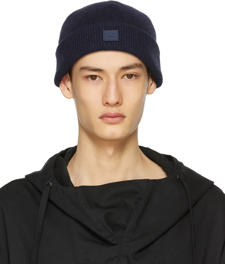 Acne Studios Navy Wool Patch Beanie