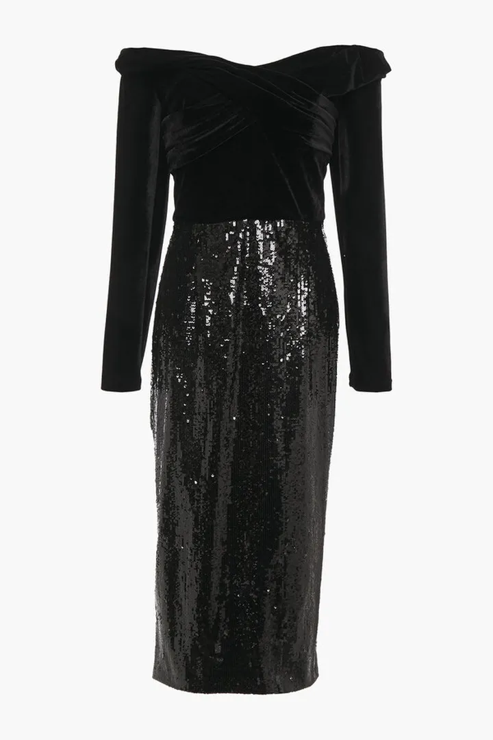 Off-the-shoulder velvet-paneled sequined tulle midi dress