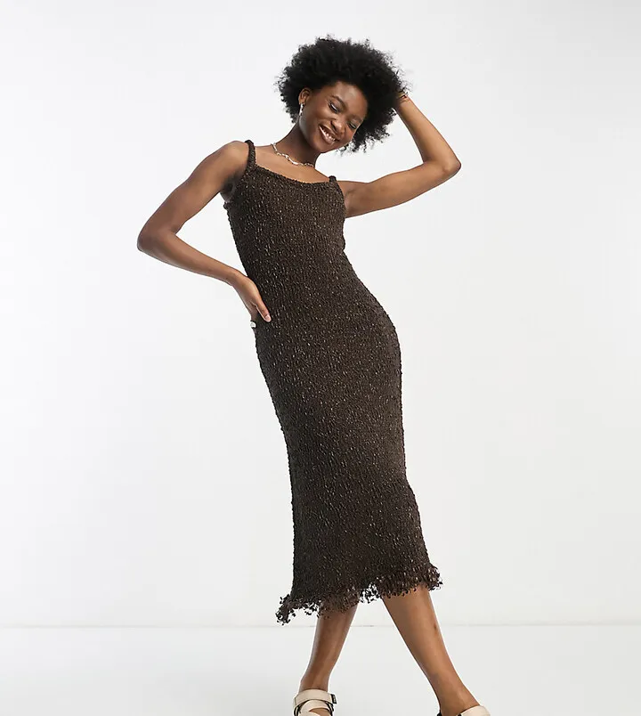 COLLUSION knit midi dress with fringing detail in chocolate brown