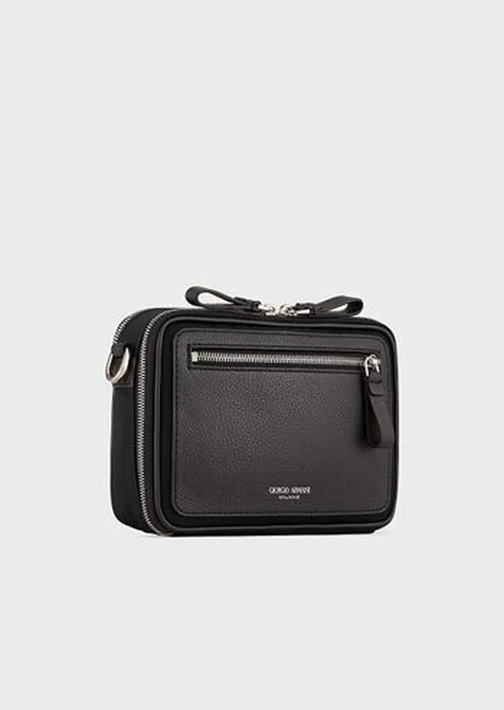 Crossbody bag in nylon and pebbled leather