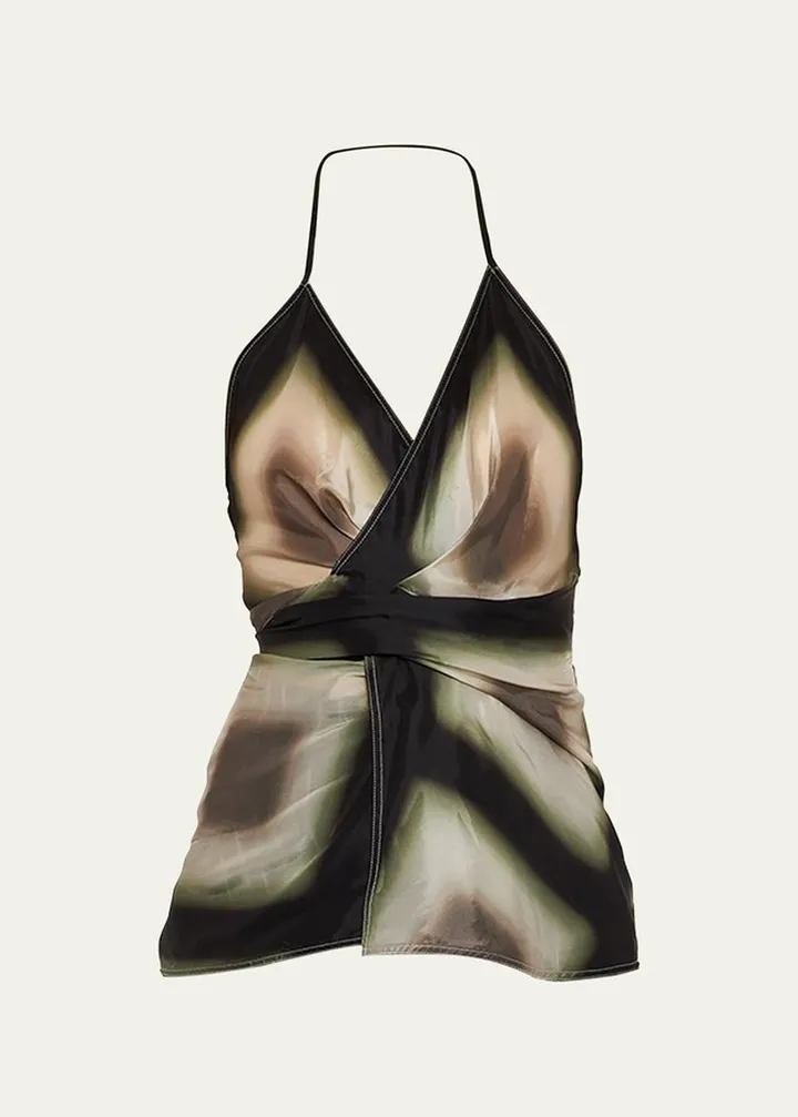 Blurry Plaid-Print Wrap Halter Top