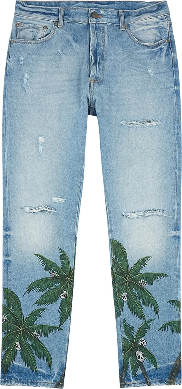Palm Angels Printed Distressed Slim-leg Jeans