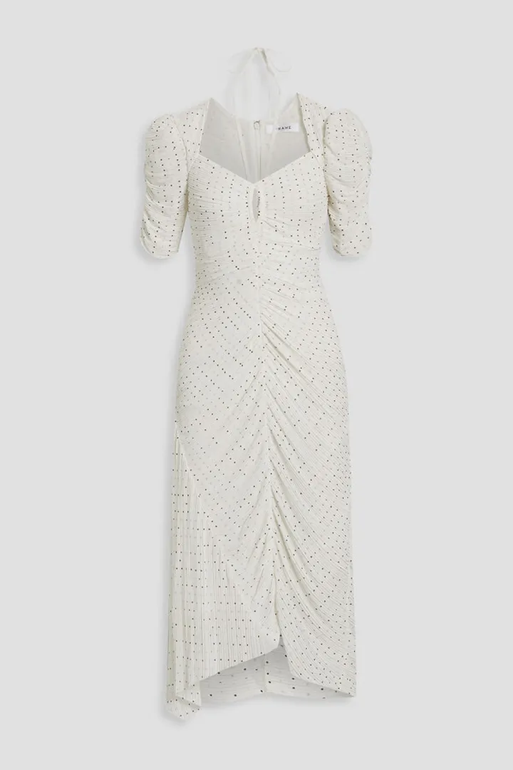 Ruched polka-dot plissé crepe de chine midi dress