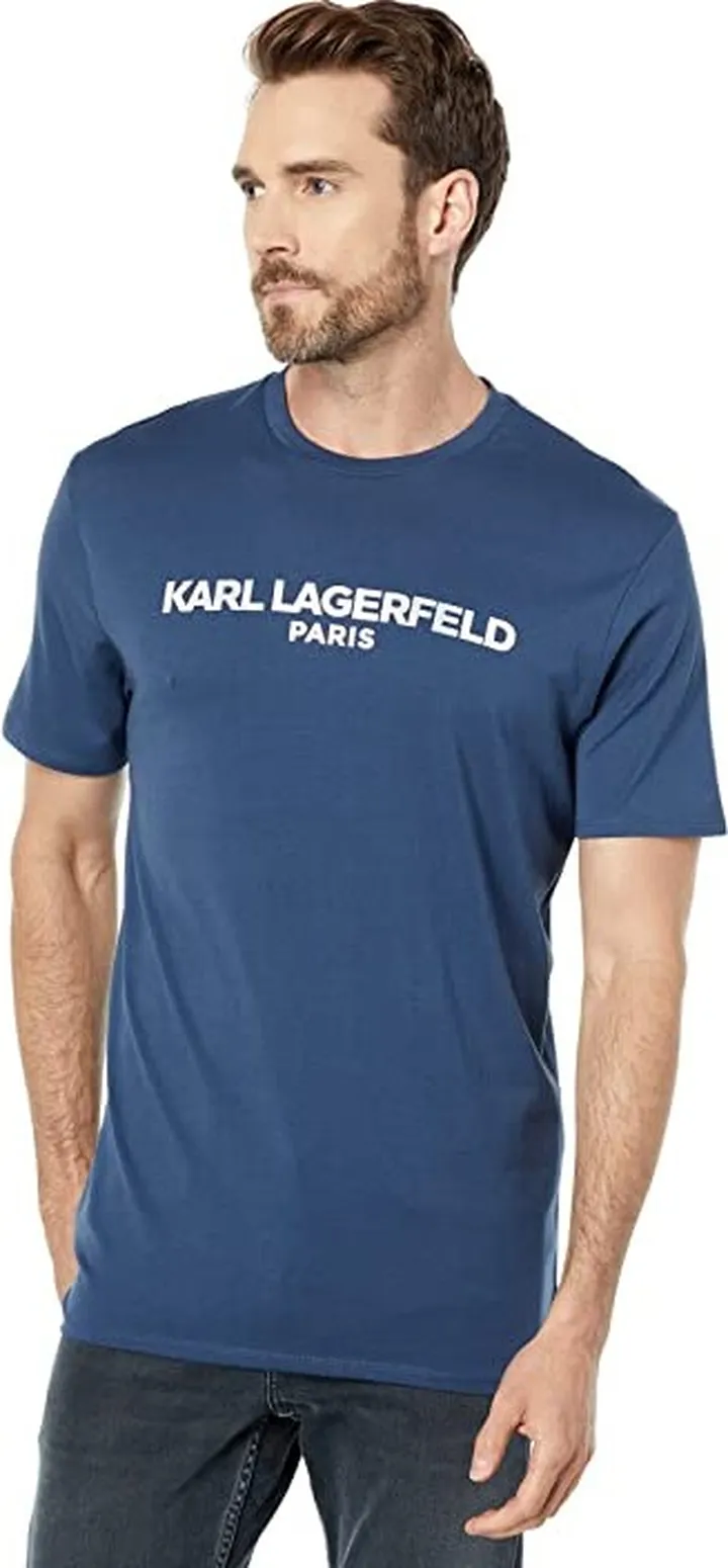 Karl Lagerfeld Paris Foil Print Logo Crew Neck T-Shirt (Dark Denim) Men's T Shirt