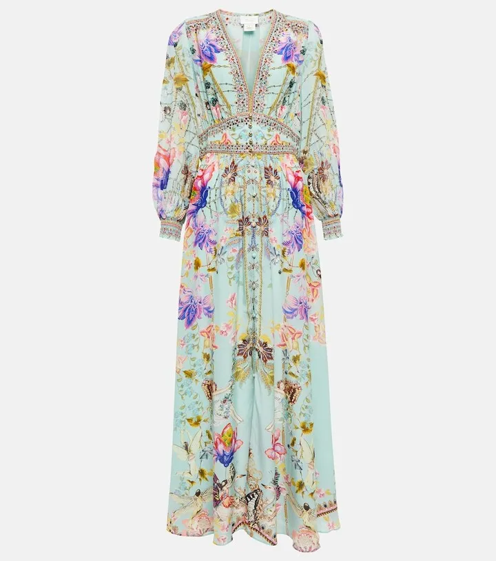 Embellished floral silk maxi dress