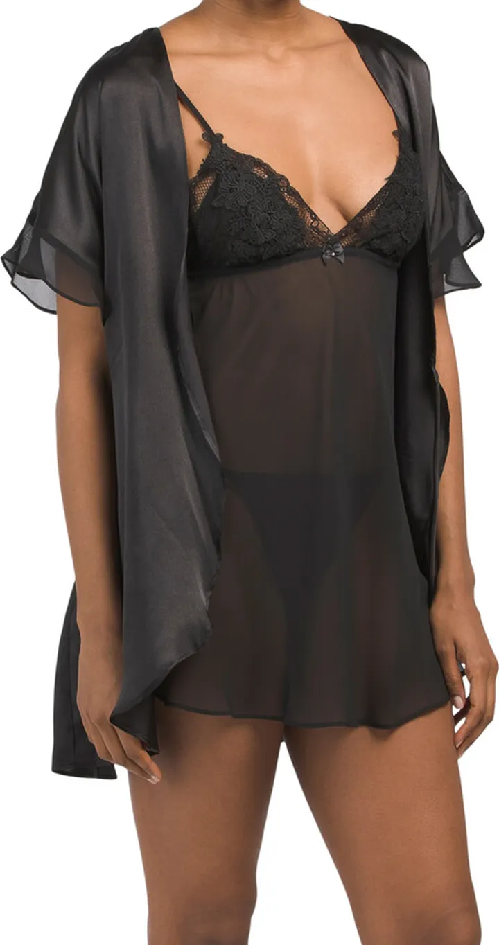3pc Set With Robe Lace Baby Doll Dress And Matching Thong