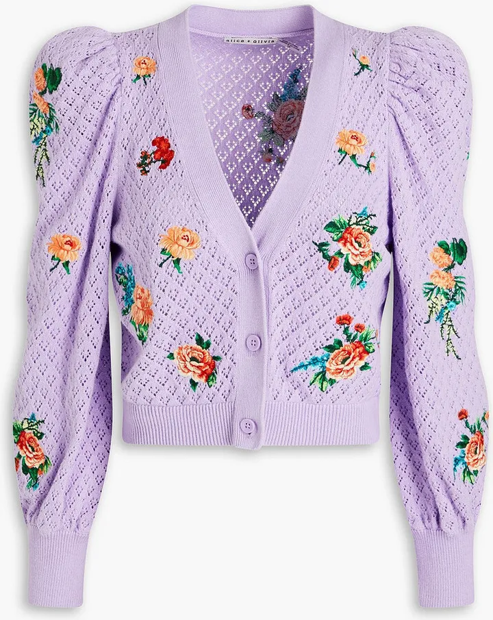 Morita cropped embroidered pointelle-knit cotton-blend cardigan