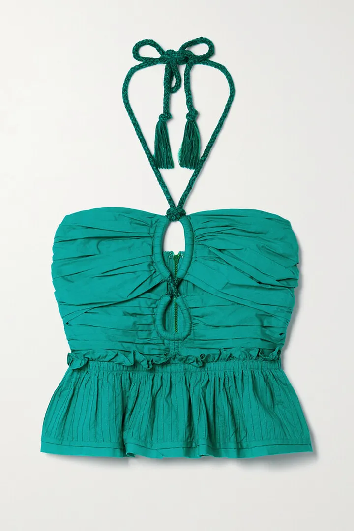 Ulla Johnson - Adaleigh Cropped Pintucked Cotton-voile Halterneck Top - Green